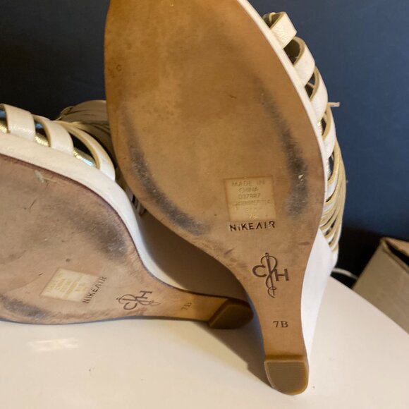 Cole Haan Nike Air Gold & Cream Leather Woven Wedge Sandals – Size 7B - Picture 14 of 16